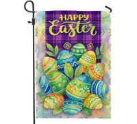 Bandiera da giardino con uova di Pasqua, foglie festive, forme geometriche, in iuta viola pasquale, su entrambi i lati, per esterni, portico, prato, patio, terrazza, 30,5 x 45,7 cm