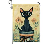 Bandiera da giardino con vaso di fiori a forma di gatto, decorazione floreale gialla per cortile, decorazione stagionale per esterni, bandiera da cortile in poliestere su entrambi i lati, graziosi