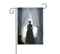 Bandiera da giardino con vestito nero donna in piedi vicino alla finestra 30 x 45 cm verticale su entrambi i lati fattoria vacanze decorazioni esterne bandiera cortile