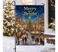 Bandiera da giardino con villaggio natalizio "Merry and Bright", 30,5 x | Piazza della città invernale, Bandiera del cortile, Edifici coperti di neve, Bancarelle del mercato festivo