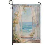 Bandiera da giardino con vista mare costiera, bandiera blu per finestra dell'oceano, bandiera decorativa per la casa, bandiera da cortile in iuta su entrambi i lati, per decorazione estiva per esterni