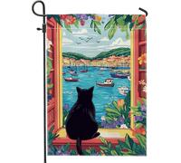 Bandiera da giardino con vista sulla finestra del gatto, scena costiera colorata, decorazione per la casa, bandiere da giardino, bandiera floreale su entrambi i lati, decorazione per esterni, 30,5 x