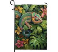 Bandiera da giardino con vivaci camaleonti, con foglie tropicali colorate, decorazione floreale per esterni, bandiera a doppio lato, per feste estive, decorazione per prato, 30,5 x 45,7 cm