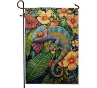 Bandiera da giardino con vivaci camaleonti, con foglie tropicali colorate, decorazione per esterni, bandiera decorativa su entrambi i lati, per la decorazione estiva della casa, 30,5 x 45,7 cm