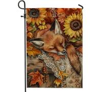 Bandiera da giardino con volpe autunnale, arancione che dorme, volpe addormentata, girasole, striscione decorativo per la casa, bandiera in iuta su entrambi i lati, decorazione per prato all'aperto