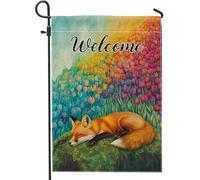 Bandiera da giardino con volpe di benvenuto primaverile ed estate, striscione artistico colorato con natura floreale, decorazione per esterni in iuta su entrambi i lati, per la casa o le feste, 30,5 x