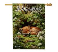 Bandiera da giardino con volpe primaverile e estiva, arancione caldo che dorme, decorazione per la casa e il giardino, bandiera da giardino in iuta su entrambi i lati, decorazione per prato naturale