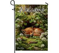 Bandiera da giardino con volpe primaverile e estiva, arancione caldo che dorme, decorazione per la casa e il giardino, bandiera da giardino in iuta su entrambi i lati, decorazione per prato naturale