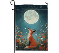 Bandiera da giardino con volpe primaverile e estiva, fiori arancioni al chiaro di luna, decorazione per esterni, bandiere da giardino in iuta su entrambi i lati, per la decorazione della casa, 30,5 x