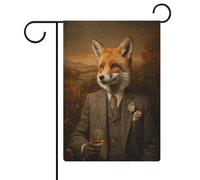 Bandiera da giardino con volpe stravagante che indossa un abito vittoriano in tweed da giardino, festività stagionali, juta, doppia faccia, bandierine per esterni, 30,5 x 45,7 cm