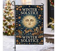 Bandiera da giardino con volto celeste del solstizio d'inverno, 30,5 x 45,7 | Luna e sole celesti, bandiera del prato, lepre e gufo della foresta, candele coniche luminose, fette di arancia essiccate