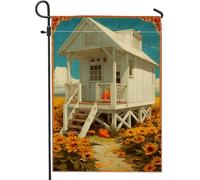 Bandiera da giardino con zucca autunnale, bianca accogliente cottage in campo di girasoli, striscione decorativo per la casa, in iuta su entrambi i lati, decorazione per prato all'aperto, per raccolto