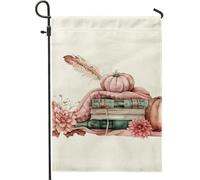 Bandiera da giardino con zucca autunnale e libri, piume e fiori beige, decorazione per la casa su entrambi i lati, decorazione per prato stagionale, 30,5 x 45,7 cm