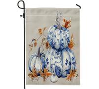 Bandiera da giardino con zucca autunnale, foglie autunnali blu e bianche, bandiera decorativa per esterni in iuta, decorazione stagionale su entrambi i lati, per il Ringraziamento, 30,5 x 45,7 cm