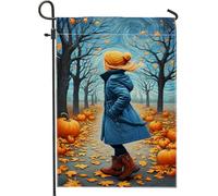 Bandiera da giardino con zucca autunnale, motivo ragazza blu che cammina con foglie e foglie, decorazione per la casa, bandiera su entrambi i lati in iuta per prato, decorazione per esterni, 30,5 x