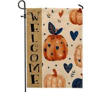 Bandiera da giardino con zucca di benvenuto, decorazione per esterni con cuori arancioni, striscione in iuta su entrambi i lati per la decorazione della casa e del prato, 30 x 45 cm