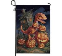 Bandiera da giardino con zucca di dinosauro di Halloween, striscione arancione per la decorazione della casa, bandiera da cortile in iuta su entrambi i lati, decorazione per esterni, 30,5 x 45,7 cm
