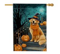 Bandiera da giardino con zucca di Halloween, bandiera arancione Golden Retriever strega decorativa per la casa, bandiera da giardino in iuta su entrambi i lati, decorazione per prato all'aperto, 71 x