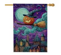 Bandiera da giardino con zucca di Halloween, scopa viola al chiaro di luna, decorazione per esterni, striscione in iuta su entrambi i lati, per feste autunnali, decorazione per prato, 71 x 101 cm