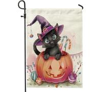 Bandiera da giardino con zucca di Halloween, strega e gatto, bandiere nere per la decorazione della casa per le vacanze, decorazione su entrambi i lati per prato all'aperto, 30,5 x 45,7 cm