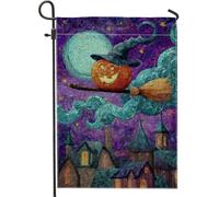 Bandiera da giardino con zucca di Halloween, viola chiaro di luna scopa per esterni, striscione in iuta su entrambi i lati, per feste autunnali, decorazione per prato 30,5 x 45,7 cm