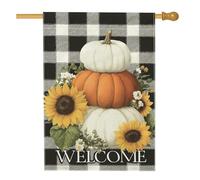 Bandiera da giardino con zucca e raccolto autunnale, striscione decorativo per la casa di benvenuto con girasole bianco arancione, bandiera a scacchi su entrambi i lati, decorazione per esterni