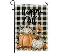 Bandiera da giardino con zucca Happy Fall arancione e bianca, decorazione stagionale per l'autunno, striscione a scacchi su entrambi i lati, decorazione per prato del Ringraziamento, 30,5 x 45,7 cm