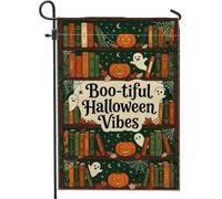 Bandiera da giardino con zucche, fantasiosi libri con fantasmi festivi, per Halloween, verde, su entrambi i lati, bandiere decorative per esterni, portico, prato, patio, terrazza, 30,5 x 45,7 cm