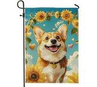 Bandiera da giardino Corgi con girasole primaverile ed estate, striscione floreale per esterni con cane felice, bandiera da giardino in iuta su entrambi i lati, decorazione per la casa, feste di