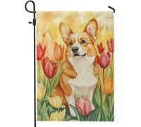 Bandiera da giardino Corgi primavera estate giallo floreale decorazione per la casa bandiere da cortile double face tela di iuta esterna decorazione prato regalo per gli amanti degli animali domestici