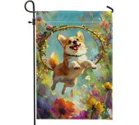 Bandiera da giardino Corgi primavera estate, striscione floreale colorato per cuccioli per decorazione domestica, bandiera da cortile in iuta su entrambi i lati per decorazione esterna del prato 30,5