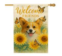 Bandiera da giardino Corgi Welcome Friends, decorazione per esterni con girasole e farfalla gialla, striscione su entrambi i lati per prato in iuta per decorazione estiva per feste 71 x 101 cm