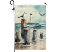 Bandiera da giardino costiera con onde dell'oceano, faro blu per la decorazione della casa e per esterni, bandiera da giardino in iuta su entrambi i lati, decorazione estiva per spiaggia, 30,5 x 45,7