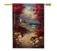 Bandiera da giardino costiero autunnale, faro rosso foglia d'acero, banner per decorazione della casa, tela da parete a due lati, decorazione per prato all'aperto, decorazione per feste stagionali