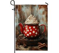 Bandiera Da Giardino Cozy Winter Hot Chocolate Red Polka Dot Teapot With Whipped Cream 30X45Cm Bandiera Da Esterno Appendere Divertenti Bandiere Per Casa Patio Celebrazione