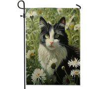 Bandiera Da Giardino Cute Cat Natural Flower Wild Flower Plants Realistic Cottage Core Rustic Green Garden Flag Verticale Bandiere Decorative Durevole Bandiera Da Cortile Per 30X45CM