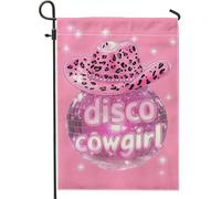 Bandiera da giardino da discoteca, cappello leopardato pesca e palla a specchio, decorazione per esterni, decorazione per la casa per feste stagionali, striscione carino su entrambi i lati 30,5 x 45,7