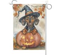 Bandiera Da Giardino Dachshund Leaning Over The Scary Pumpkin, Halloween Fall Autumn Bandiere Decorative Premium Bandiera Da Cortile Colore Vivido Garden Flag Per Esterno Festival Feste 30X45CM