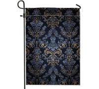 Bandiera da giardino damascato floreale vintage design classico nero dorato resistente alle intemperie bandiera decorativa double face per prato decorazione casa, 12 x 18 cm