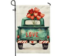 Bandiera da giardino d'amore per San Valentino, camion vintage verde con palloncini a forma di cuore, decorazione per la casa, bandiera da cortile double face in iuta, decorazione stagionale