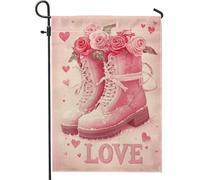 Bandiera da giardino d'amore per San Valentino, decorazione floreale pesca con stivali e rose, bandiera double face in iuta per prato e decorazione per la casa, decorazione stagionale
