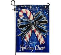 Bandiera da giardino decorativa double face a forma di canna da zucchero d'orzo, fiocco blu, decorazione esterna double face per feste invernali, comoda esposizione di terrazza, prato, 30,5 x 45,7 cm