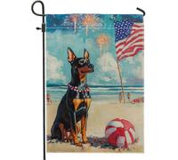 Bandiera da giardino del 4 luglio Doberman, decorazione patriottica nera e marrone chiaro, decorazione da spiaggia con cane su entrambi i lati, decorazione per le vacanze, decorazione estiva per feste