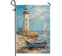 Bandiera da giardino del faro costiero, bandiera nautica blu, decorazione della spiaggia, bandiera in tela a doppia faccia, decorazione del prato all'aperto, 12 x 18 pollici