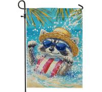 Bandiera da giardino del procione estivo, decorazione del prato degli animali con spruzzi d'acqua blu, banner in tessuto double face per la decorazione esterna, 12 x 18 pollici