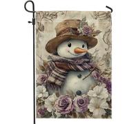 Bandiera da giardino del pupazzo di neve invernale personaggio bianco con rose viola, bandiere per la decorazione della casa, bandiera in tela di iuta double face, decorazione per prato esterno, 12x18