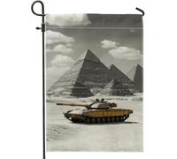 Bandiera da giardino del serbatoio del deserto, serbatoio militare giallo con piramidi, bandiere da giardino, bandiera in tela di iuta bifacciale, decorazione per prato esterno, 12 x 18 pollici