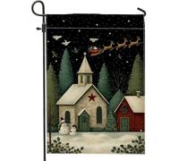 Bandiera da giardino della chiesa, rustica natalizia con Babbo Natale e renna, verde su entrambi i lati, bandiere decorative per esterni, patio, prato, portico, ingresso, campeggio, 30,5 x 45,7 cm