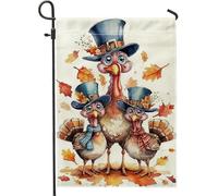 Bandiera da giardino della famiglia del tacchino del Ringraziamento, decorazione autunnale con foglie colorate, graziosa decorazione per prato in stile cartone animato, bandiera su entrambi i lati per