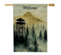 Bandiera da giardino della foresta di benvenuto, pino verde, montagne, decorazione per esterni, striscione in iuta su entrambi i lati, per campeggio, vacanze, prato, decorazione da 71 x 101 cm